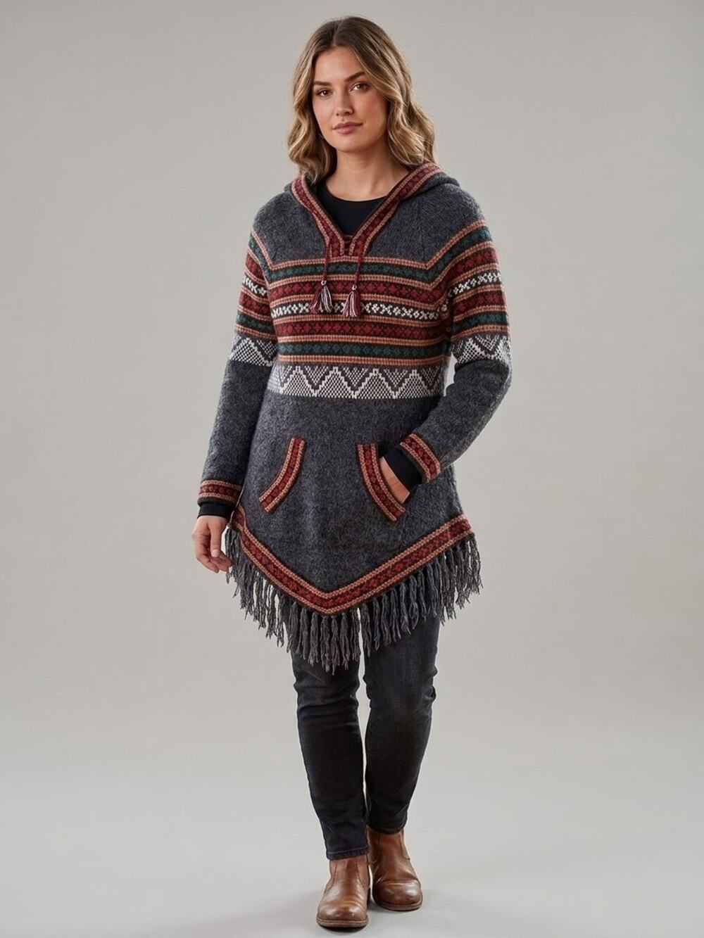 Vintage Peruvian Alpaca Wool Hooded Sweater Fringe Hem Fair Isle Boho Western L